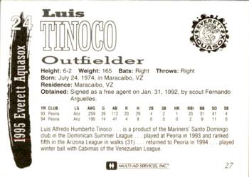 1995 Multi-Ad Everett AquaSox #27 Luis Tinoco Back