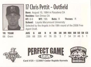 2007 Perfect Game Cedar Rapids Kernels #25 Chris Pettit Back