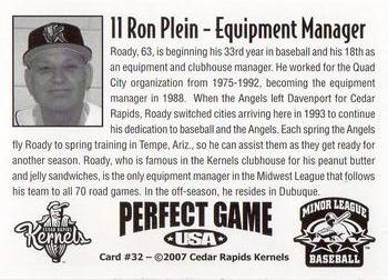 2007 Perfect Game Cedar Rapids Kernels #32 Ron Plein Back
