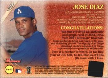 2001 Bowman - Autographs #BA-JD Jose Diaz  Back