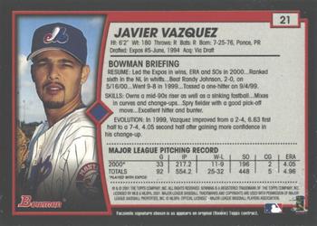 2001 Bowman - Gold #21 Javier Vazquez Back
