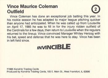1985 Kondritz Invincible Vince Coleman (unlicensed) #2 Vince Coleman Back