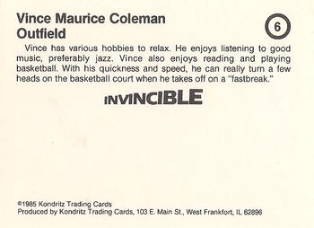 1985 Kondritz Invincible Vince Coleman (unlicensed) #6 Vince Coleman Back