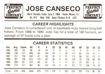 1991 Perfect Game Co. Jose Canseco (unlicensed) #NNO Jose Canseco Back