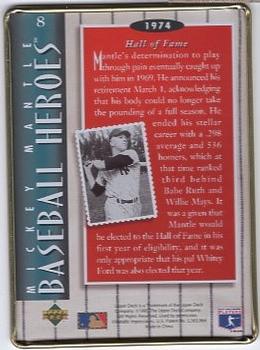 1995 Upper Deck Baseball Heroes Mickey Mantle 8-Card Tin #8 1974 - Hall of Fame Back