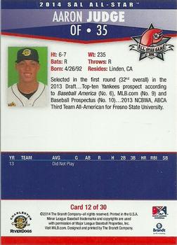 2014 Brandt South Atlantic League South Division All-Stars #12 Aaron Judge Back