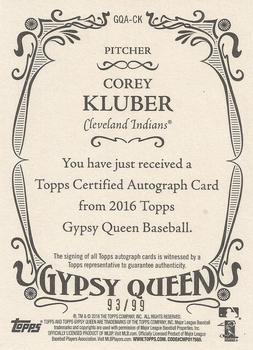 2016 Topps Gypsy Queen - Autographs Green #GQA-CK Corey Kluber Back