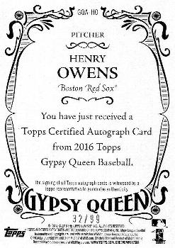 2016 Topps Gypsy Queen - Autographs Green #GQA-HO Henry Owens Back