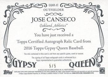2016 Topps Gypsy Queen - Autographed Relic Red #GQAR-JC Jose Canseco Back