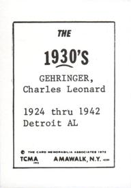 1972 TCMA The 1930's #NNO Charles Gehringer Back