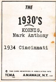 1972 TCMA The 1930's #NNO Mark Koenig Back
