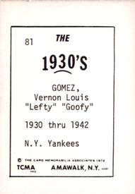 1972 TCMA The 1930's #81 Lefty Gomez Back