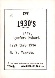 1972 TCMA The 1930's #90 Lynford Lary Back