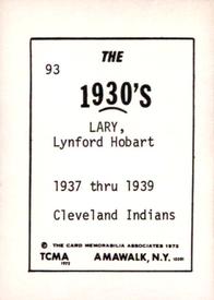 1972 TCMA The 1930's #93 Lynford Lary Back