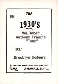 1972 TCMA The 1930's #95 Tony Malinosky Back
