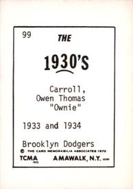 1972 TCMA The 1930's #99 Owen Carroll Back