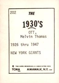 1972 TCMA The 1930's #202 Mel Ott Back