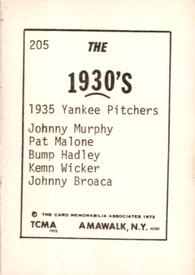 1972 TCMA The 1930's #205 John Murphy / Pat Malone / Bump Hadley / Kemp Wicker / John Broaca Back