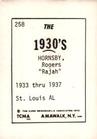 1972 TCMA The 1930's #258 Rogers Hornsby Back