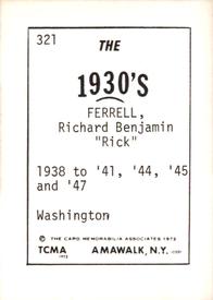 1972 TCMA The 1930's #321 Rick Ferrell Back