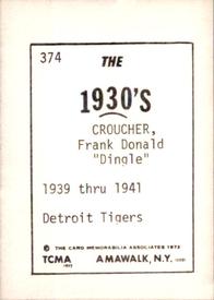 1972 TCMA The 1930's #374 Frank Croucher Back