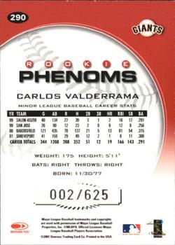 2001 Donruss Class of 2001 - Rookie Autographs #290 Carlos Valderrama Back