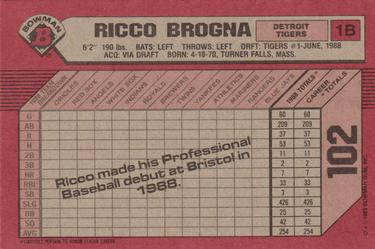 1989 Bowman #102 Rico Brogna Back