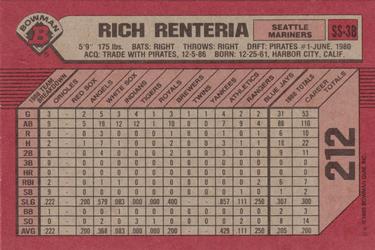 1989 Bowman #212 Rich Renteria Back
