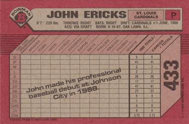 1989 Bowman #433 John Ericks Back