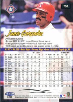 1998 Ultra #100 Juan Gonzalez Back