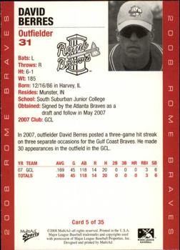 2008 MultiAd Rome Braves #5 David Berres Back