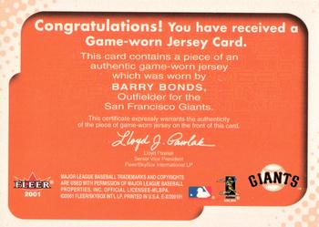 2001 Fleer E-X - Behind the Numbers Game Jersey #NNO Barry Bonds Back