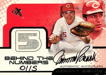 2001 Fleer E-X - Behind the Numbers Game Jersey Autograph #5 Johnny Bench Front