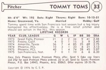 1976 Cramer Phoenix Giants #NNO Tommy Toms Back