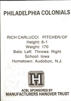 1977 TCMA Atlantic Collegiate Baseball League #NNO Rich Carlucci Back
