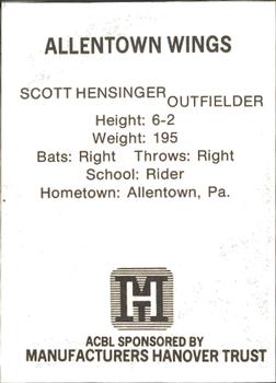 1977 TCMA Atlantic Collegiate Baseball League #NNO Scott Hensinger Back