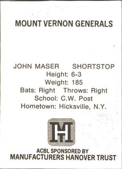 1977 TCMA Atlantic Collegiate Baseball League #NNO John Maser Back