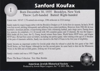 2003 Jewish Major Leaguers #1 Sandy Koufax Back