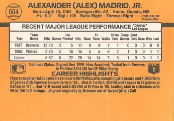 1989 Donruss #604 Alex Madrid Back
