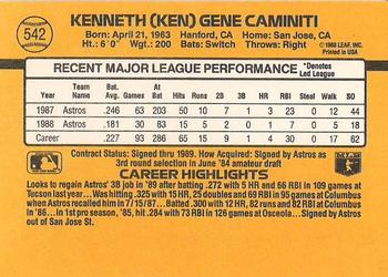 1989 Donruss #542 Ken Caminiti Back