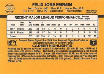 1989 Donruss #565 Felix Fermin Back