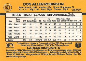 1989 Donruss #571 Don Robinson Back
