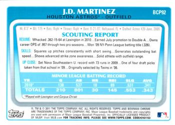 2011 Bowman - Chrome Prospect Autographs #BCP92 J.D. Martinez Back