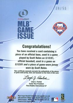 2001 Fleer Legacy - MLB Game Issue Base-Ball-Jersey #9 Scott Rolen  Back