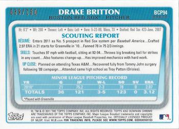 2011 Bowman - Chrome Prospect Autographs Blue Refractors #BCP94 Drake Britton Back