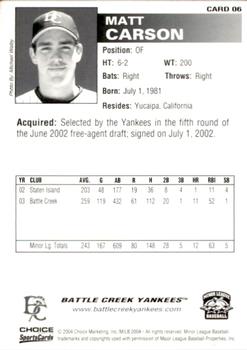 2004 Choice Battle Creek Yankees #6 Matt Carson Back