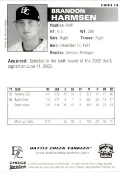 2004 Choice Battle Creek Yankees #14 Brandon Harmsen Back