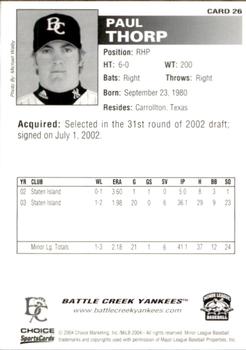 2004 Choice Battle Creek Yankees #26 Paul Thorp Back