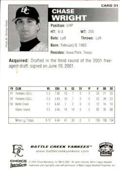 2004 Choice Battle Creek Yankees #31 Chase Wright Back