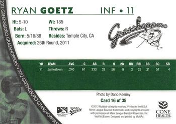 2012 MultiAd Greensboro Grasshoppers SGA #16 Ryan Goetz Back